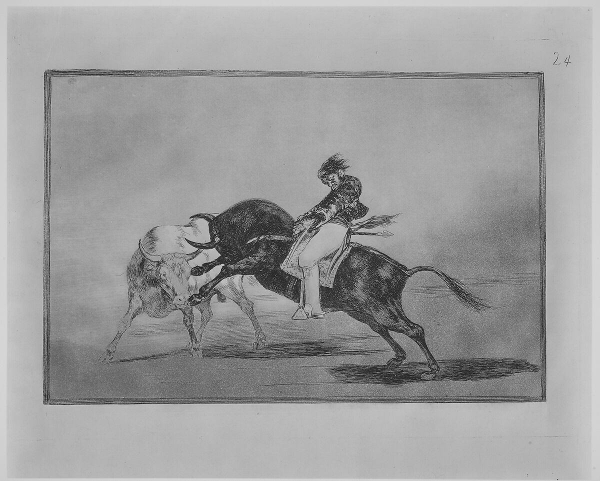 Plate 24 of "La Tauromaquia": The same Ceballos mounted on another bull breaks short spears in the ring at Madrid, Goya (Francisco de Goya y Lucientes) (Spanish, Fuendetodos 1746–1828 Bordeaux), Etching, burnished aquatint, drypoint, burin