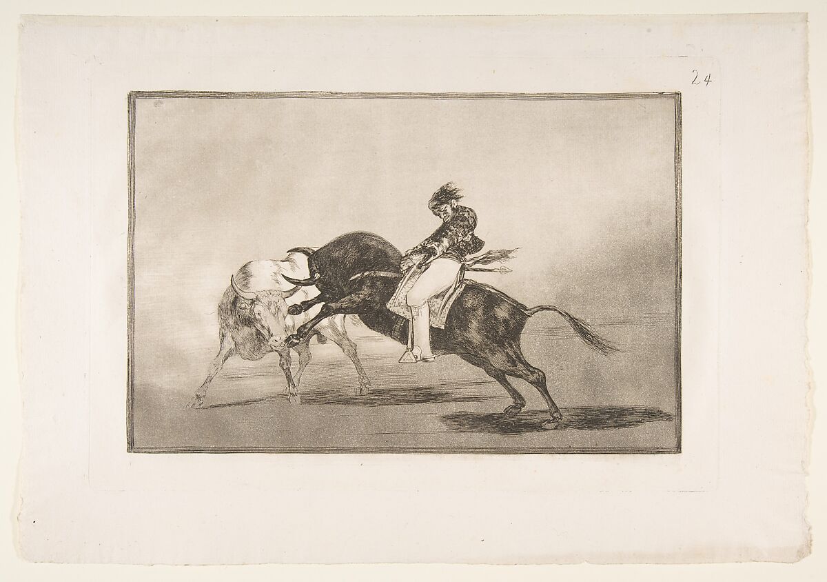 Plate 24 of "La Tauromaquia": The same Ceballos mounted on another bull breaks short spears in the ring at Madrid, Goya (Francisco de Goya y Lucientes) (Spanish, Fuendetodos 1746–1828 Bordeaux), Etching, burnished aquatint, drypoint, burin 