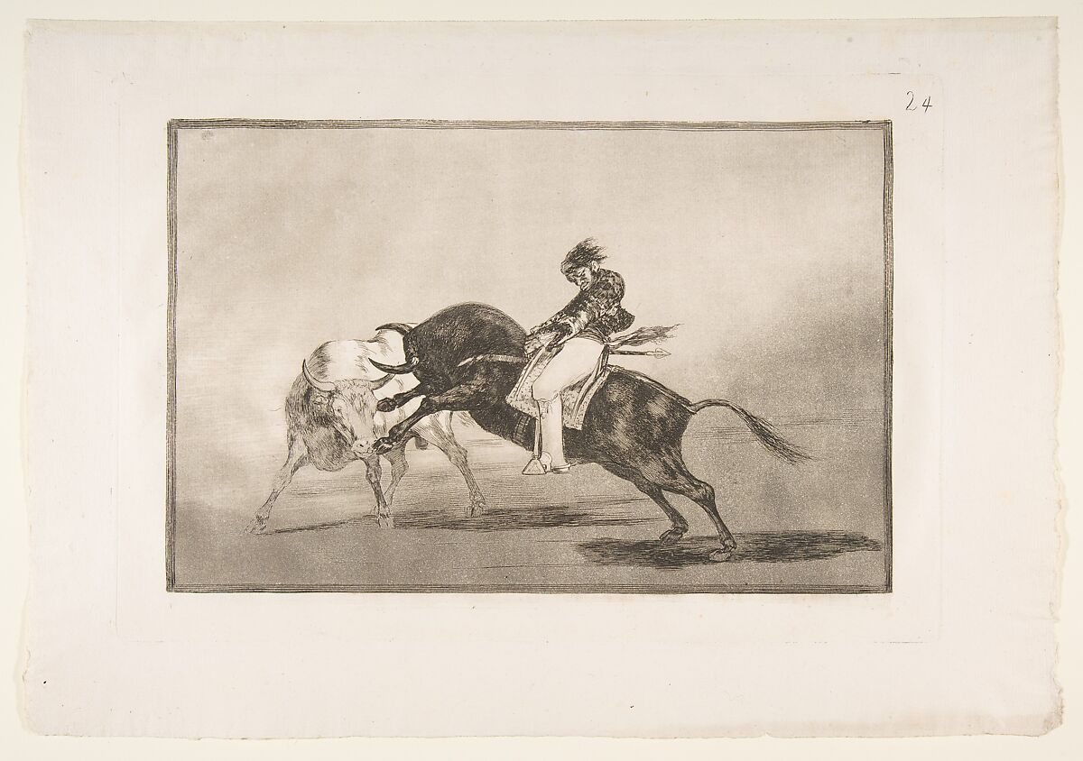 Plate 24 of "La Tauromaquia": The same Ceballos mounted on another bull breaks short spears in the ring at Madrid, Goya (Francisco de Goya y Lucientes)  Spanish, Etching, burnished aquatint, drypoint, burin