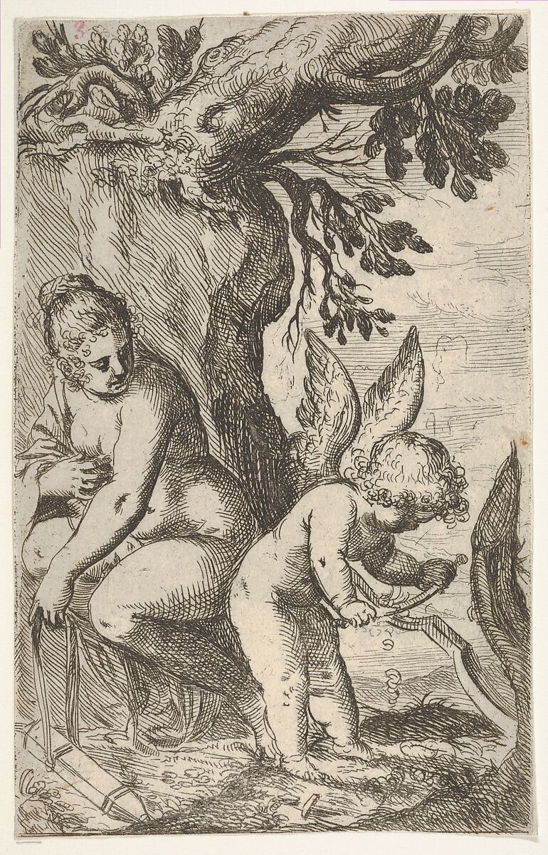 Cupid carves a wooden bow with a file, with his back turned toward Venus, from "Sport of Love" (Scherzi d'amore), Odoardo Fialetti (Italian, Bologna 1573–1637/38 Venice), Etching 