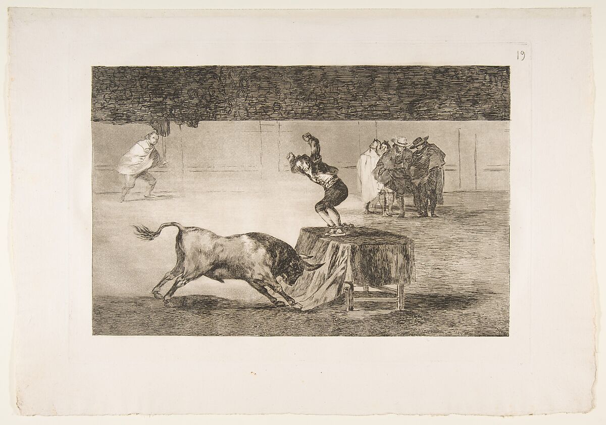 Plate 19 of "La Tauromaquia": Another madness of his in the same ring, Goya (Francisco de Goya y Lucientes) (Spanish, Fuendetodos 1746–1828 Bordeaux), Etching, burnished aquatint, drypoint and burin 