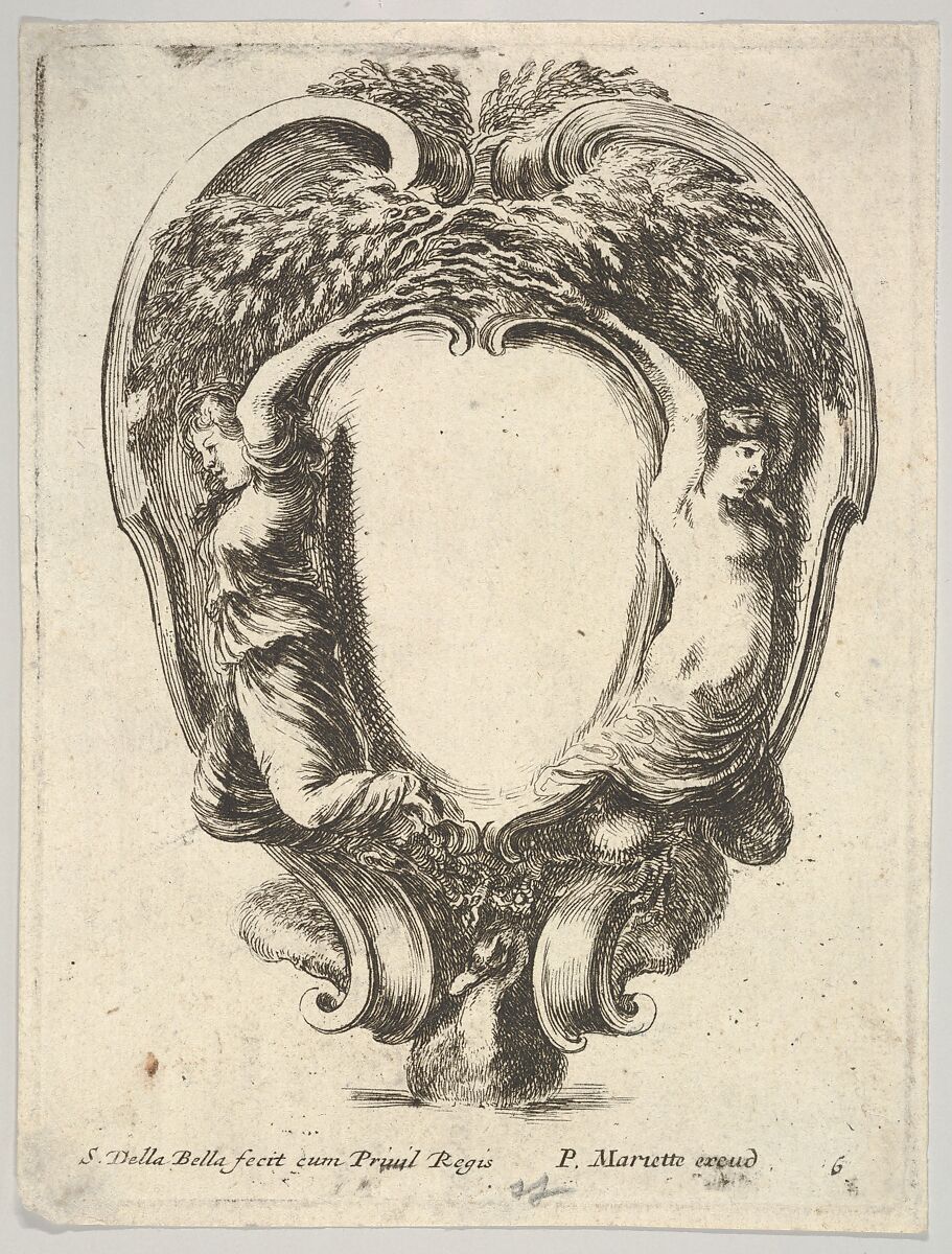 A cartouche supported by a duck below and decorated with two nymphs whose arms become tree branches, plate 6 from "Nouvelles inventions de Cartouches", Stefano della Bella (Italian, Florence 1610–1664 Florence), Etching 