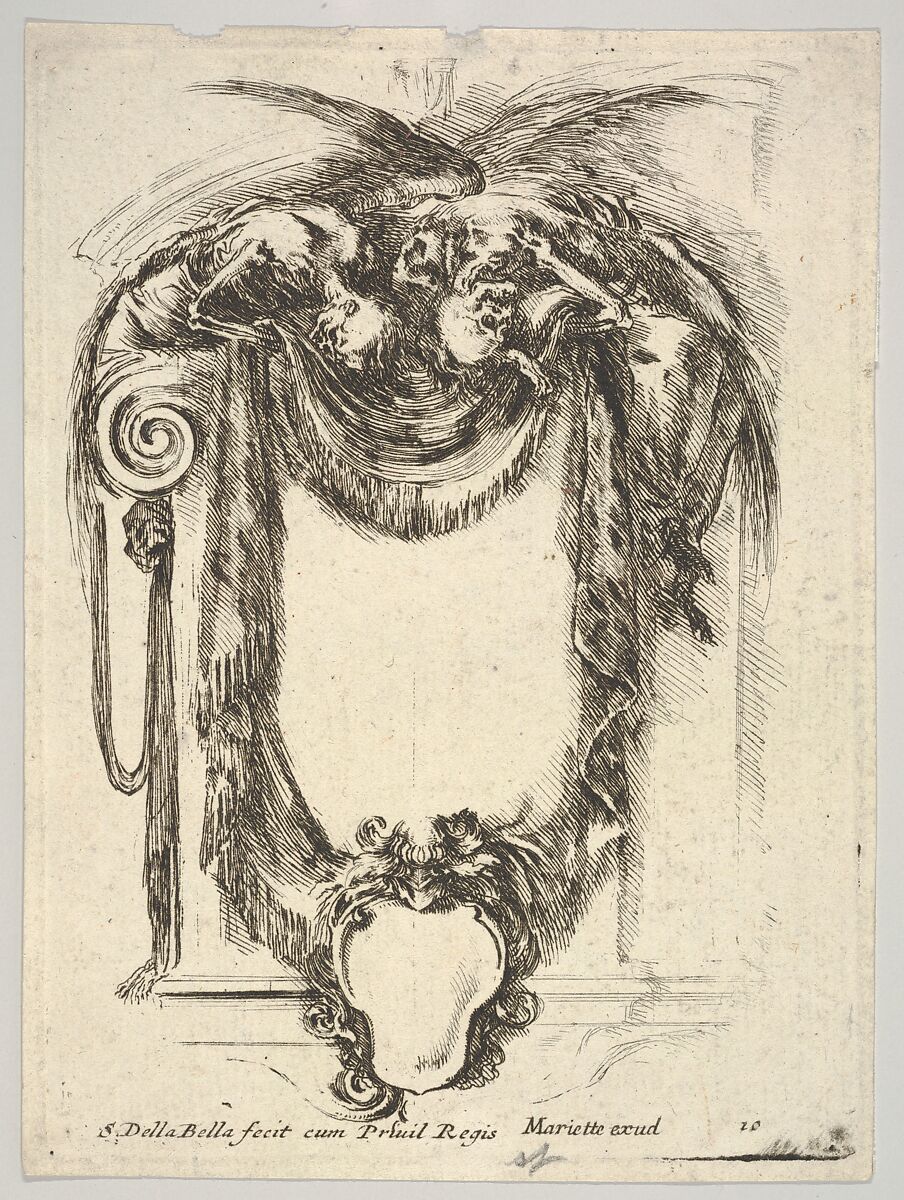 A cartouche formed by drapery and topped with two skeletons atop an Ionic entablature, plate 10 from "Nouvelles inventions de Cartouches", Stefano della Bella (Italian, Florence 1610–1664 Florence), Etching 