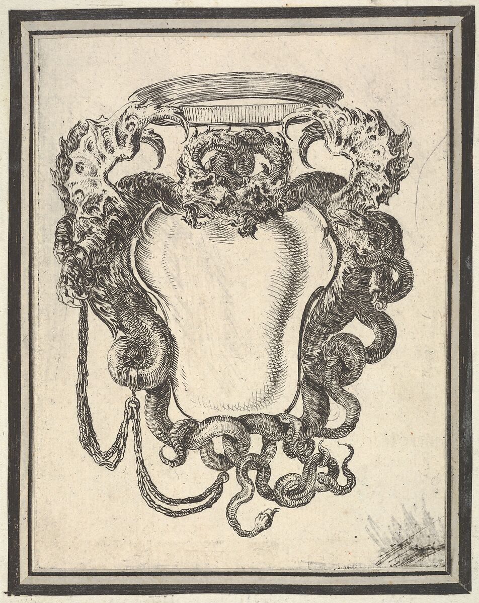 Plate 8: a cartouche flanked by dragons, their tails supporting a crown at top, from 'Nouvelles inventions de Cartouches', Stefano della Bella (Italian, Florence 1610–1664 Florence), Etching 