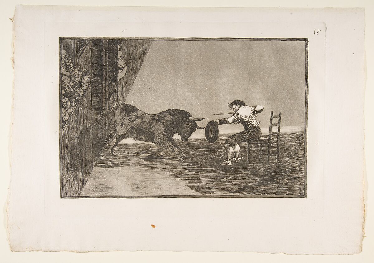 Plate 18 of "La 'Tauromaquia": The daring of Martincho in the ring at Zaragoza, Goya (Francisco de Goya y Lucientes) (Spanish, Fuendetodos 1746–1828 Bordeaux), Etching, burnished aquatint, drypoint 