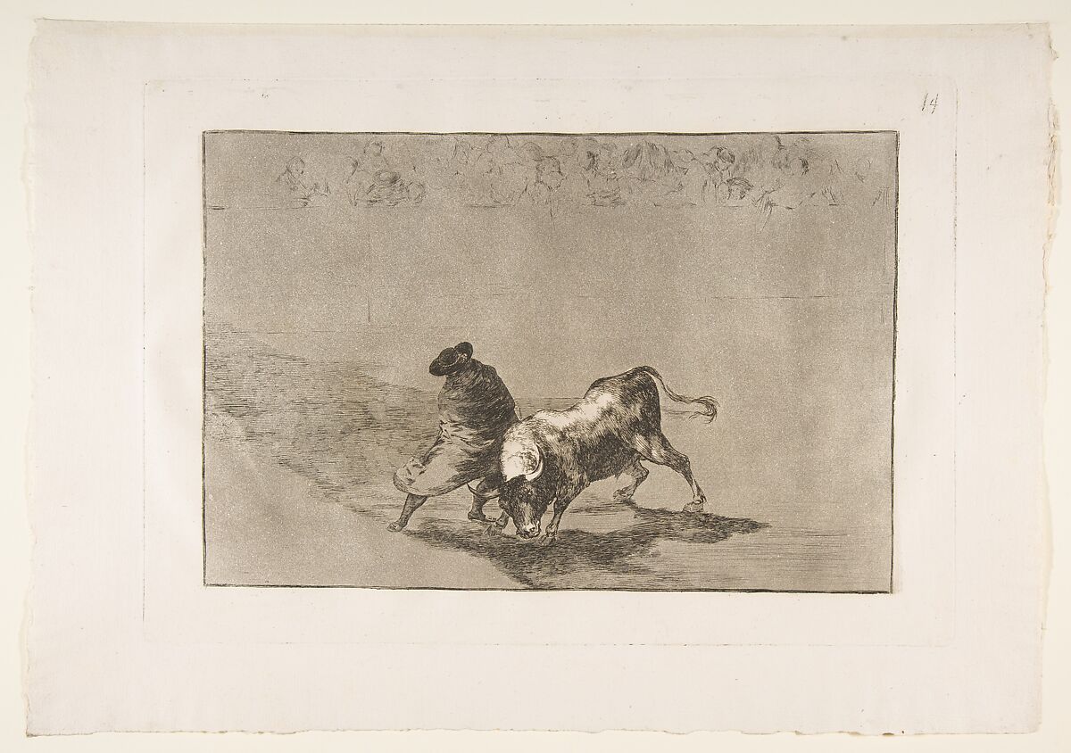Plate 14 from "La Tauromaquia": The very skillful student of Falces, wrapped in his cape, tricks the bull with the play of his body, Goya (Francisco de Goya y Lucientes) (Spanish, Fuendetodos 1746–1828 Bordeaux), Etching, aquatint, drypoint 