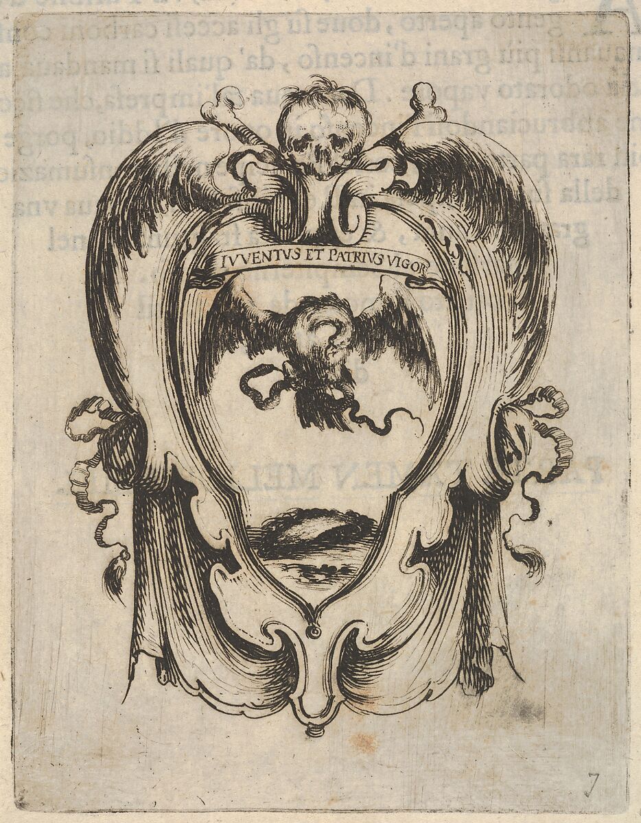 A cartouche with an eagle and a snake, a skull and crossbones at top, wings to either side, from "Eight Emblems for the Funeral of Francesco de Medici" (Huit emblèmes pour les funérailles du prince François de Médicis), Stefano della Bella (Italian, Florence 1610–1664 Florence), Etching, letterpress visible on verso 