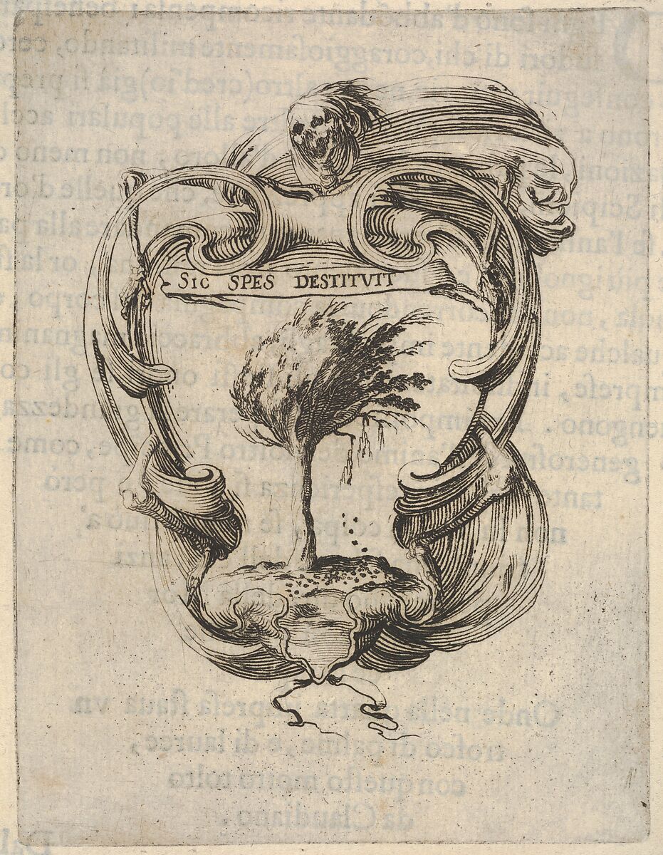 A cartouche with a tree blowing in the wind, a skull with drapery at top, bones to either side, from "Eight Emblems for the Funeral of Francesco de Medici" (Huit emblèmes pour les funérailles du prince François de Médicis), Stefano della Bella (Italian, Florence 1610–1664 Florence), Etching, letterpress visible on verso 