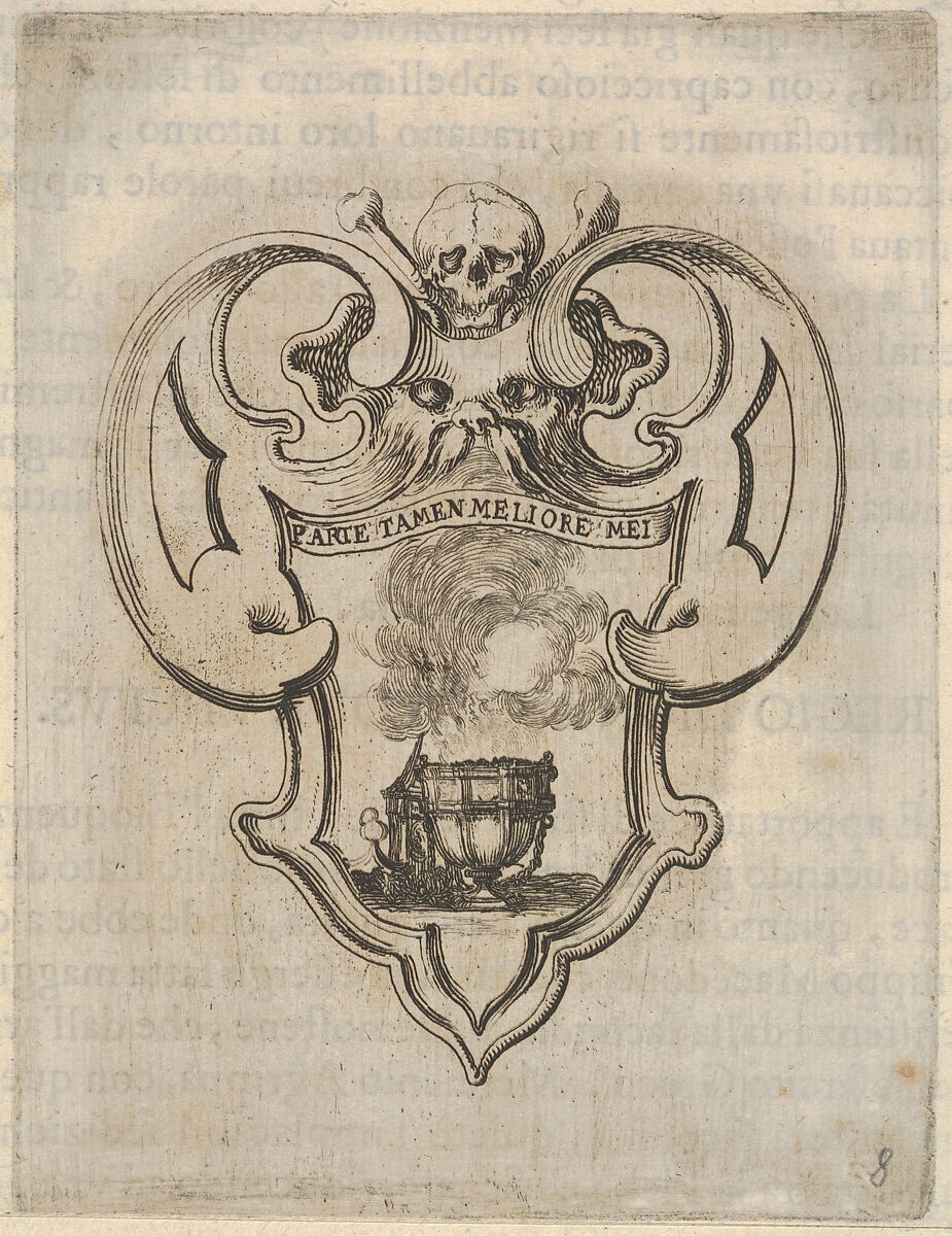 A cartouche with a censer, a skull and crossbones and a grotesque face at top, from "Eight Emblems for the Funeral of Francesco de Medici" (Huit emblèmes pour les funérailles du prince François de Médicis), Stefano della Bella (Italian, Florence 1610–1664 Florence), Etching, letterpress visible on verso 