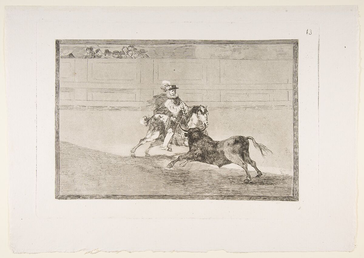 Plate 13 of  "La Tauromaquia": A Spanish mounted knight in the ring breaking short spears without the help of assistants, Goya (Francisco de Goya y Lucientes) (Spanish, Fuendetodos 1746–1828 Bordeaux), Etching, burnished aquatint, drypoint, burin 