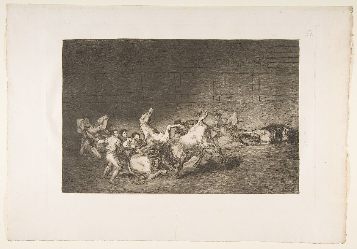 Goya (Francisco de Goya y Lucientes), Plate 32 from La Tauromaquia: Two  teams of picadors thrown one after the other by a single bull