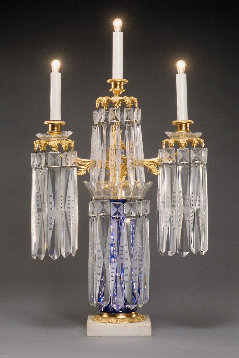Girandole, Probably New England Glass Company (American, East Cambridge, Massachusetts, 1818–1888), Cased and cut blown and engraved glass, marble, American