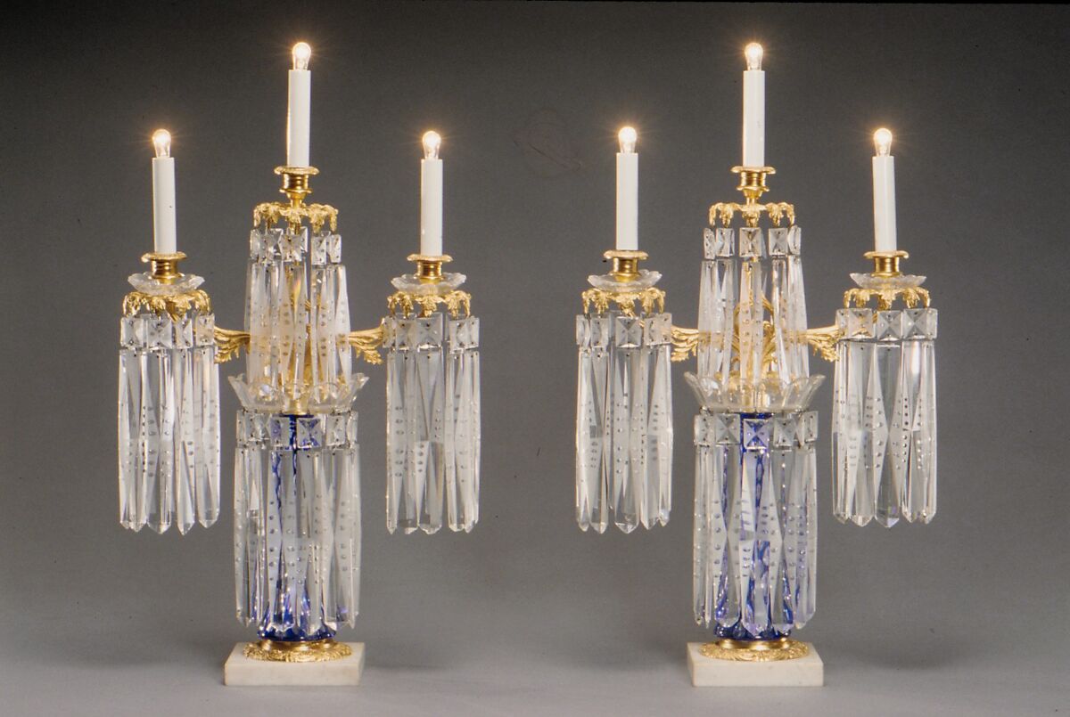 Girandole, Probably New England Glass Company (American, East Cambridge, Massachusetts, 1818–1888), Cased and cut blown and engraved glass, marble, American 
