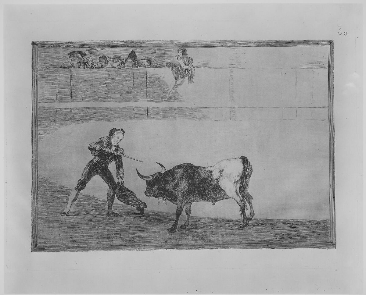 Plate 30 from "La Tauromaquia": Pedro Romero killing the halted bull, Goya (Francisco de Goya y Lucientes) (Spanish, Fuendetodos 1746–1828 Bordeaux), Etching, burnished aquatint, burin