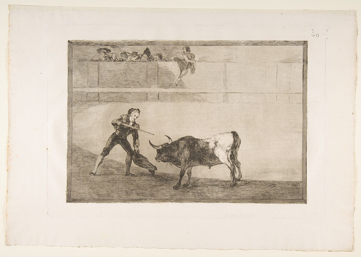 Plate 30 from "La Tauromaquia": Pedro Romero killing the halted bull, Goya (Francisco de Goya y Lucientes) (Spanish, Fuendetodos 1746–1828 Bordeaux), Etching, burnished aquatint, burin 