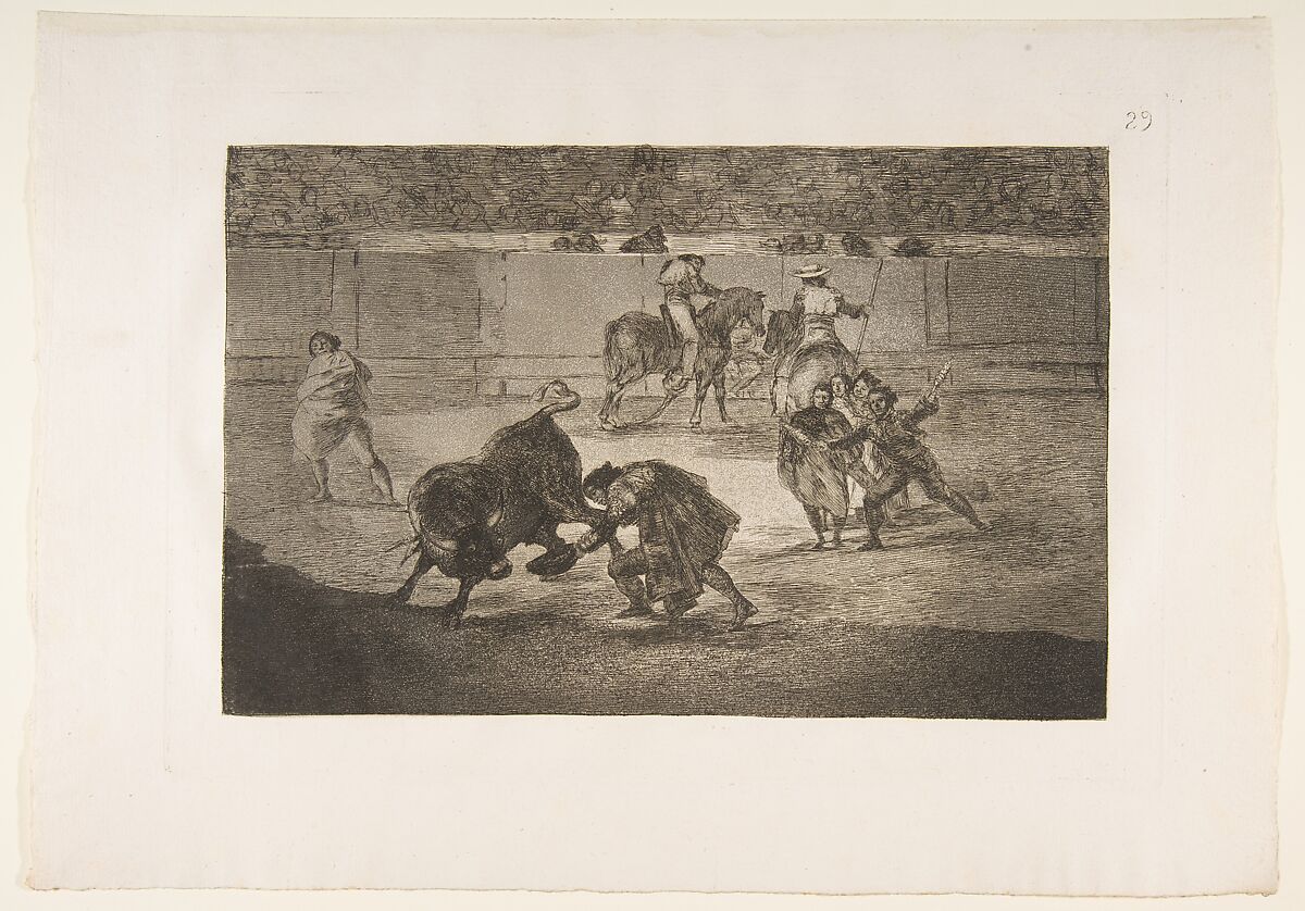 Plate 29 of  "La Tauromaquia": Pepe Illo making the pass of the 'recorte', Goya (Francisco de Goya y Lucientes) (Spanish, Fuendetodos 1746–1828 Bordeaux), Etching, burnished aquatint, drypoint, burin 