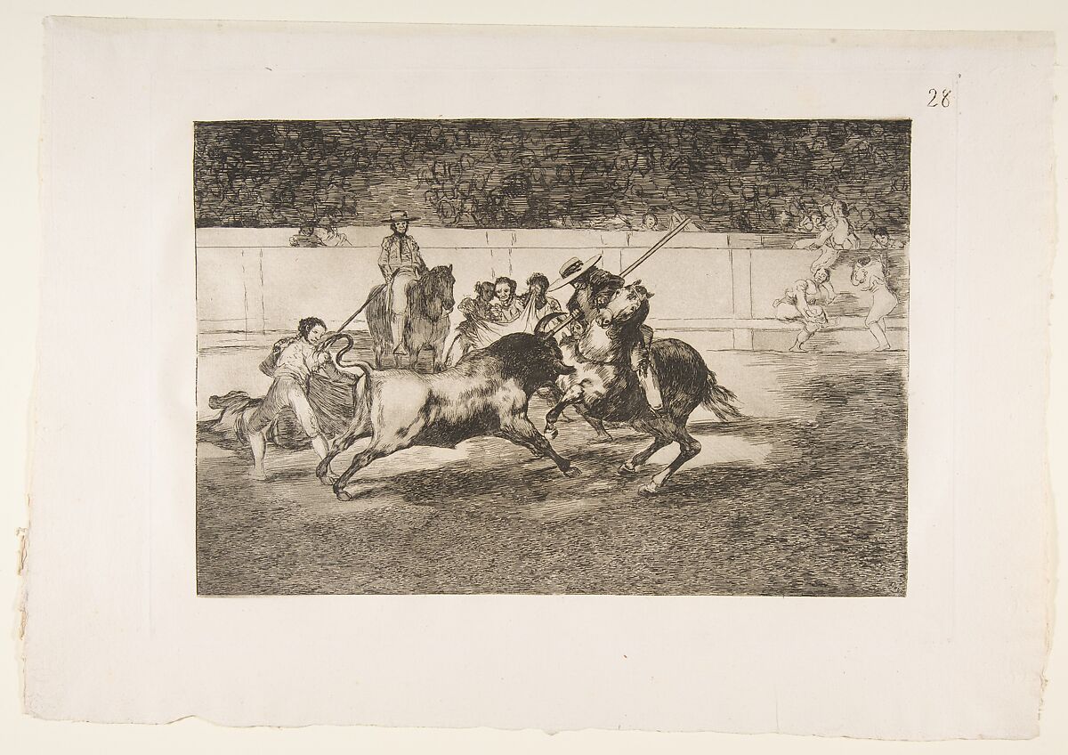 Plate 28 of "La Tauromaquia": The forceful Rendon stabs a bull with the pique, from which pass he died in the ring at Madrid, Goya (Francisco de Goya y Lucientes) (Spanish, Fuendetodos 1746–1828 Bordeaux), Etching, burnished aquatint, burin 