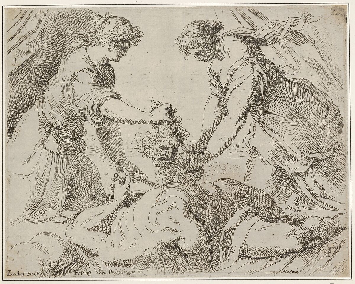 Judith placing the head of Holofernes onto a cloth held by another female figure, the foreshortened body of Holofernes gushes with blood from the neck, Jacopo Palma the Younger (Italian, Venice ca. 1548–1628 Venice), Etching 