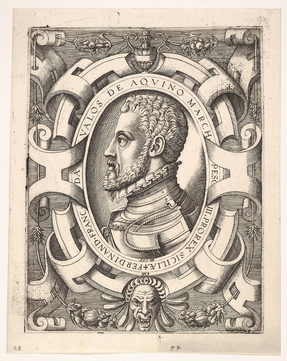 Bust portrait of Ferdinando Francesco de Avalos, marquis of Pescara, in an oval ornamented frame, Nicolò Nelli (Italian, active Venice, ca. 1552–79), Engraving 