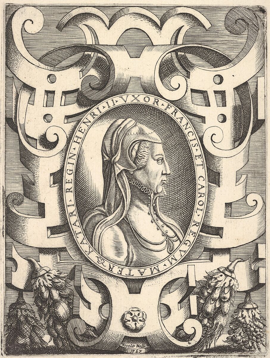 Bust profile portrait of Catherine de' Medici in an ornamented frame,from 'Portraits of some princes and illustrious people' ('Ritratti di alcuni prencipi, et huomini illustri'; also titled 'Imagines quorundam principum et illustrium virorum'), published by Bolognino Zaltieri in Venice in 1568, Nicolò Nelli (Italian, active Venice, ca. 1552–79), Engraving 