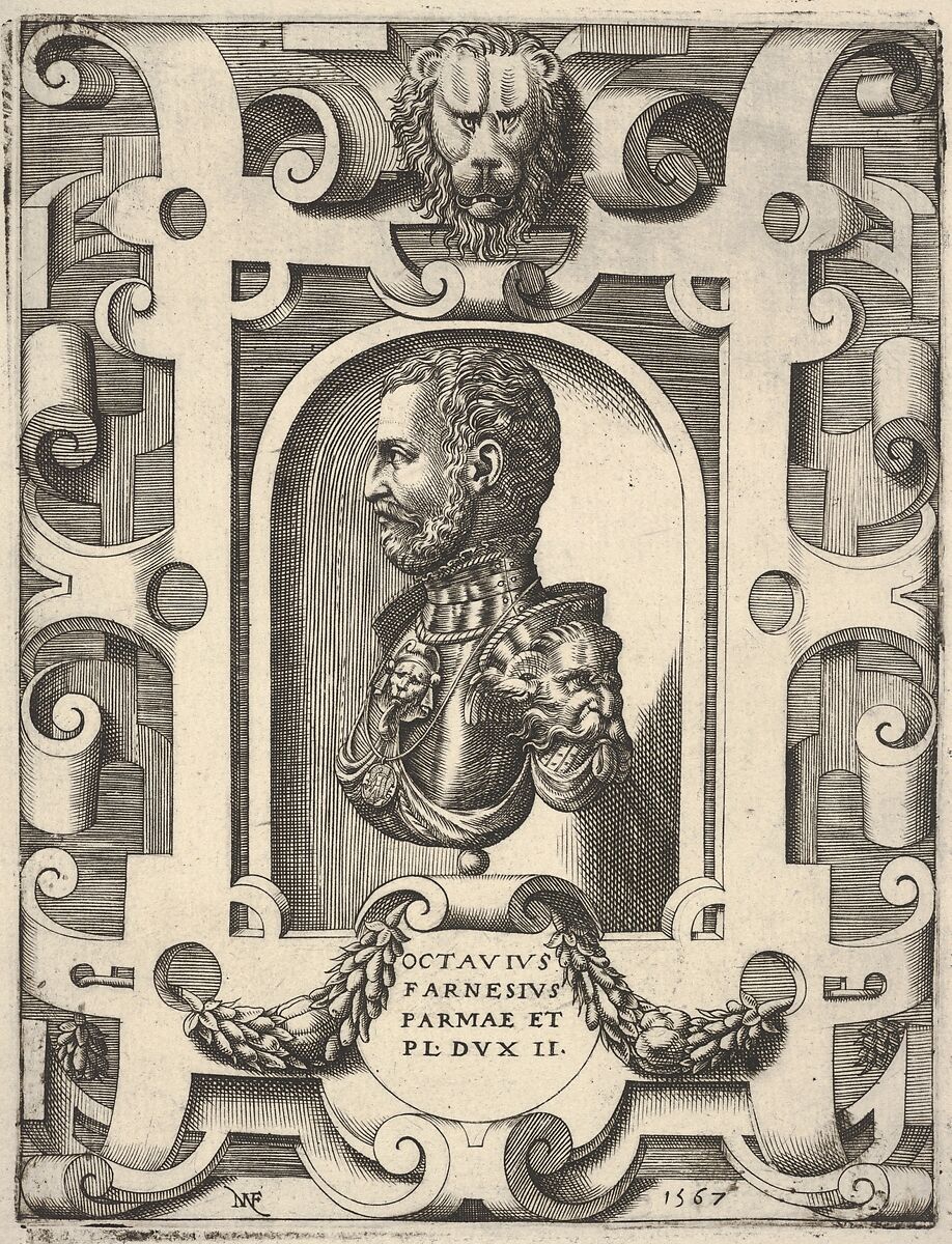 Bust portrait of Ottavio Farnese, shown in profile within a niche, surrounded by an ornamented cartouche, Nicolò Nelli (Italian, active Venice, ca. 1552–79), Engraving 