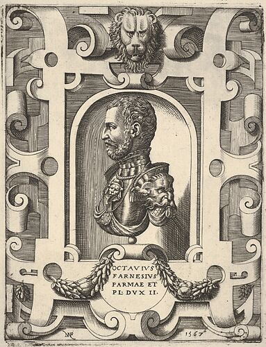 Bust portrait of Ottavio Farnese, shown in profile within a niche, surrounded by an ornamented cartouche