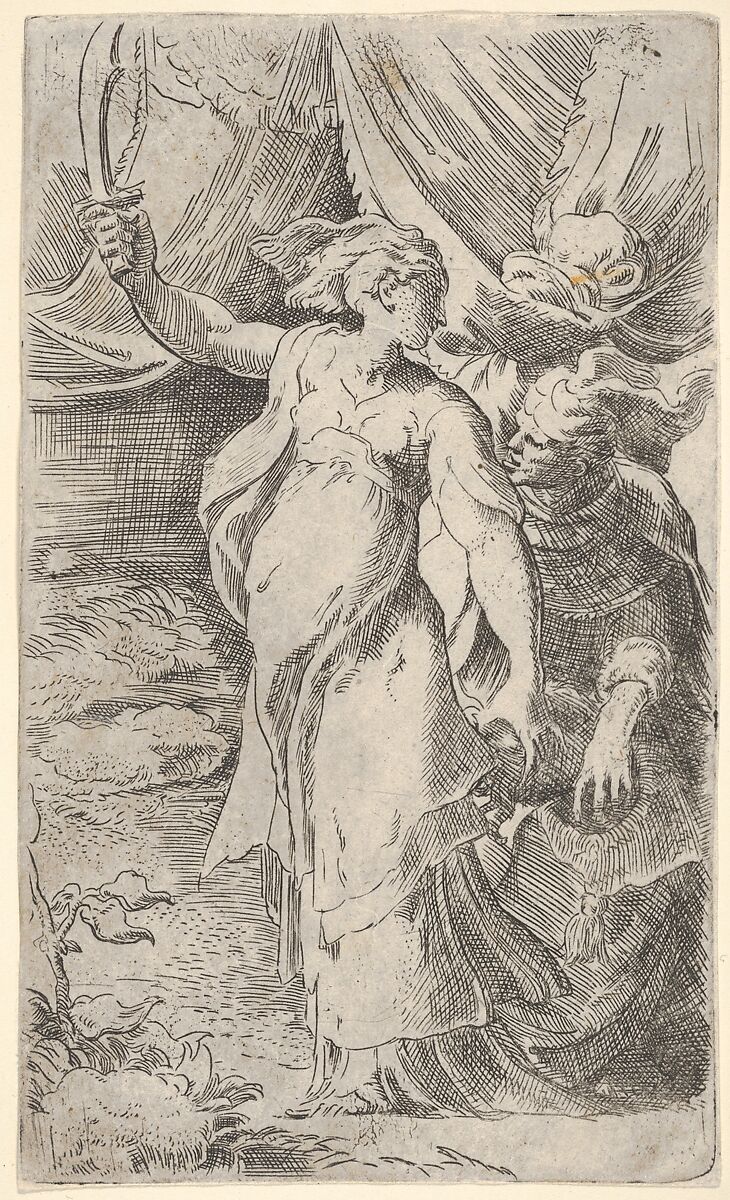 Judith with the head of Holofernes, which she places into a sack held by the figure behind her, she bears a sword in her outstretched right arm, Parmigianino (Girolamo Francesco Maria Mazzola) (Italian, Parma 1503–1540 Casalmaggiore), Etching and engraving 