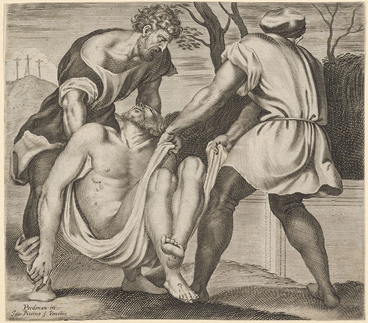 Entombment of Christ, two men lifting Christ into a tomb, with a shroud underneath the body, three crosses on Golgotha beyond, from a series of five engravings after the destroyed or detached frescoes of 1532/33 by Giovanni Antonio da Pordenone in the cloister of S.Stefano, Venice, Giacomo Piccini (Italian, born Venice, ca. 1617), Engraving 