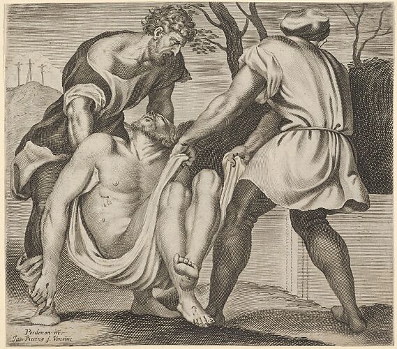 Entombment of Christ, two men lifting Christ into a tomb, with a shroud underneath the body, three crosses on Golgotha beyond