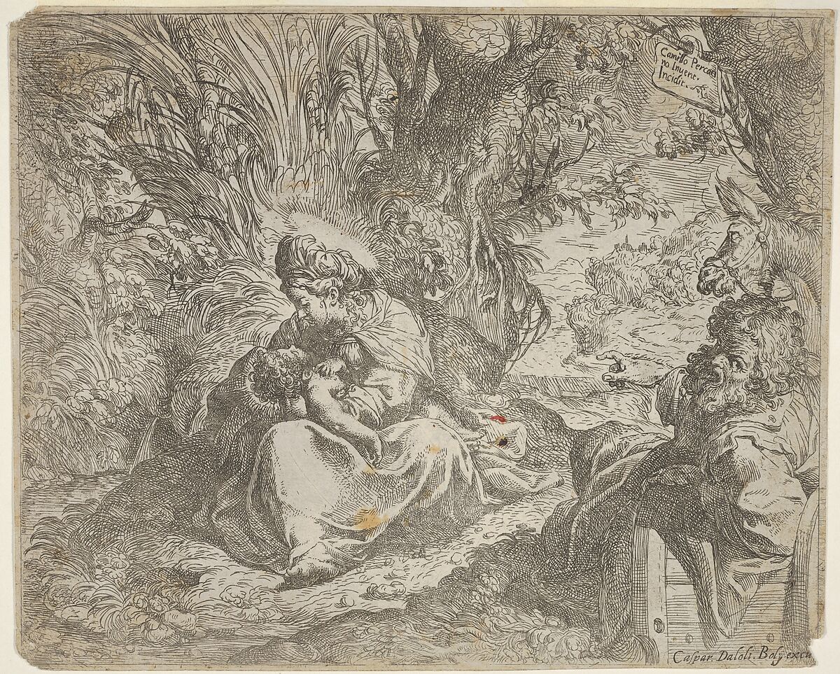 Rest on the flight into Egypt, the Virgin seated on grass in a grove with the Christ Child in her lap, at right Joseph reclines and points toward them, a donkey beyond Joseph, Camillo Procaccini (Italian, Bologna 1555–1629 Milan), Etching 