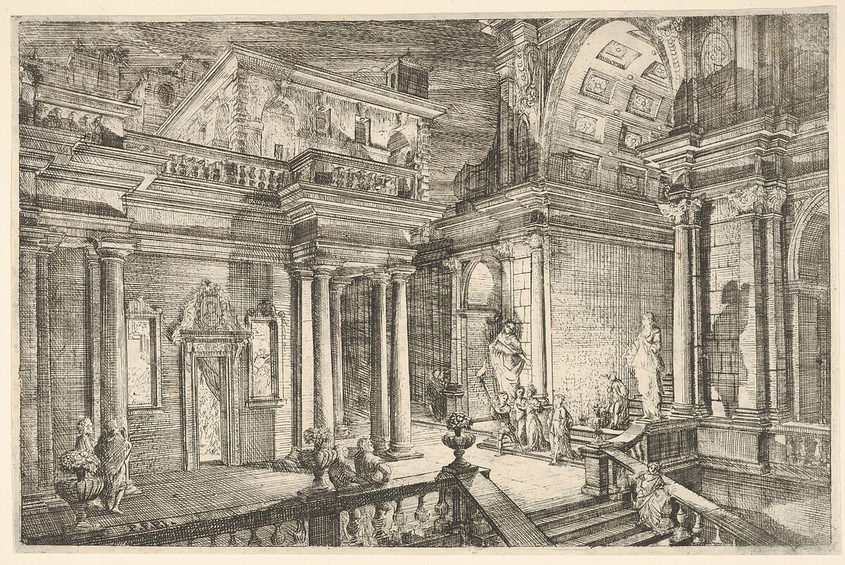 Interior of a Classical Building Showing People Engaged in Conversation, Pietro Francesco Prina (Italian, active 18th century), Etching 