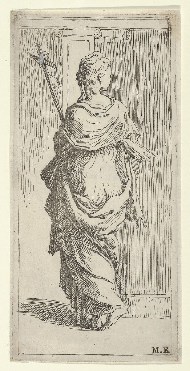 Girl carrying a crucifix and stepping toward a pilaster, seen from behind, Guido Reni (Italian, Bologna 1575–1642 Bologna), Etching 