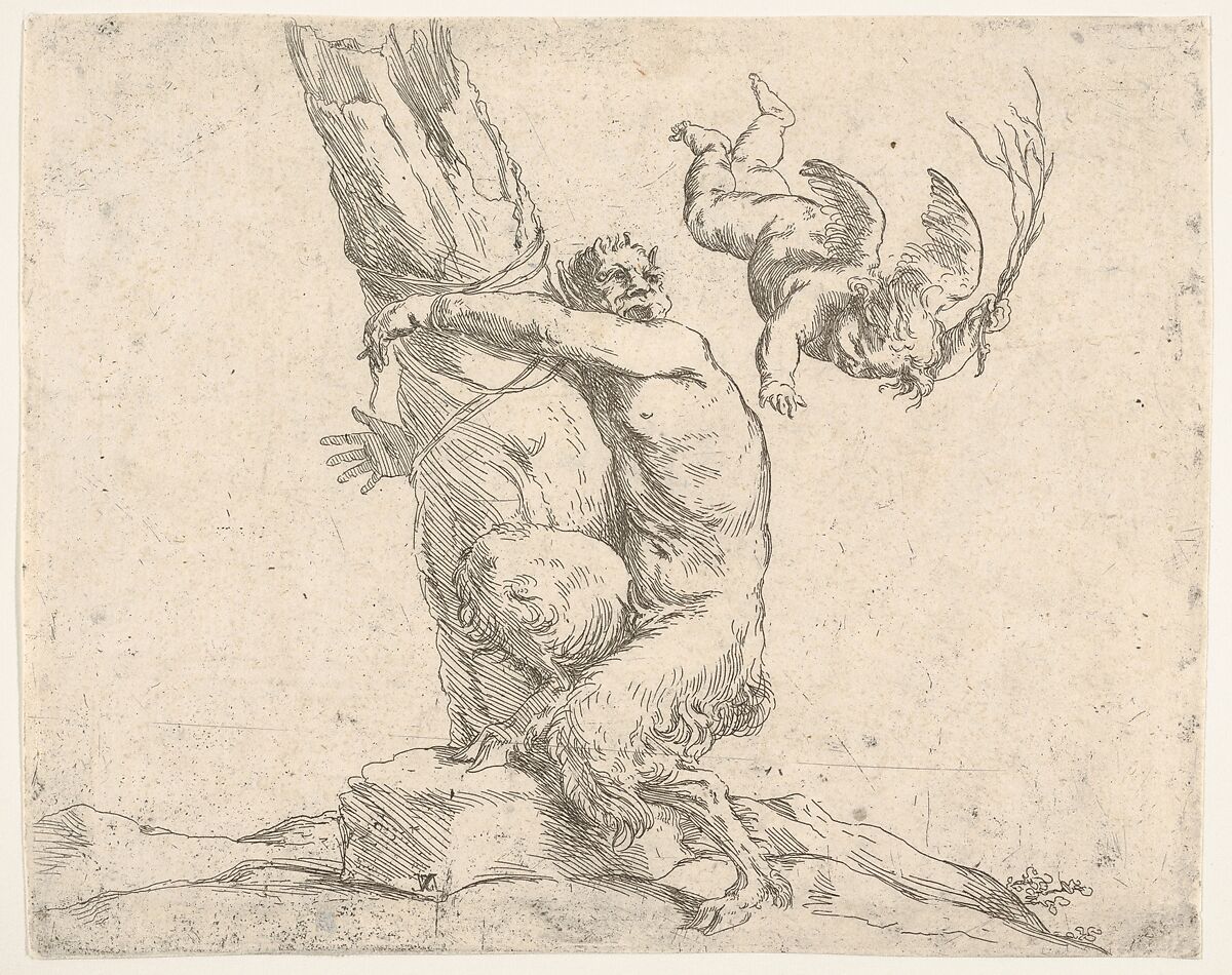 A winged putto flogging a satyr tied to a tree, Jusepe de Ribera (called Lo Spagnoletto) (Spanish, Játiva 1591–1652 Naples), Etching 