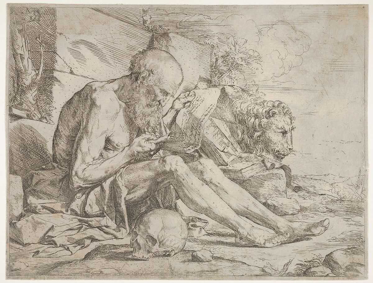 St. Jerome seated on the ground and reading an inscribed scroll, a skull next to his right leg and a lion beyond, Jusepe de Ribera (called Lo Spagnoletto) (Spanish, Játiva 1591–1652 Naples), Etching and engraving 