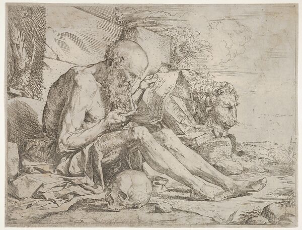 St. Jerome seated on the ground and reading an inscribed scroll, a skull next to his right leg and a lion beyond
