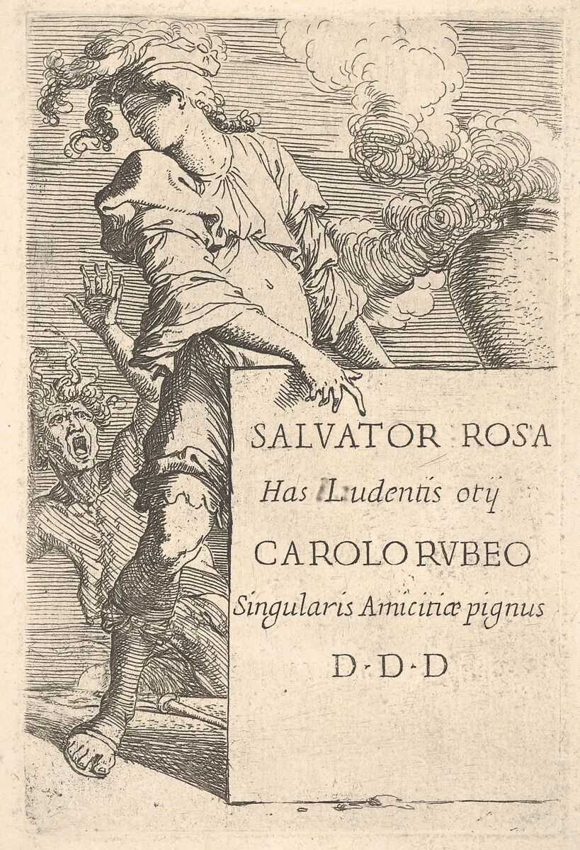 A man wearing a plumed hat pointing at an inscribed block while looking over his right shoulder at a screaming man, frontispiece for 'Figurine', Salvator Rosa (Italian, Arenella (Naples) 1615–1673 Rome), Etching with drypoint 