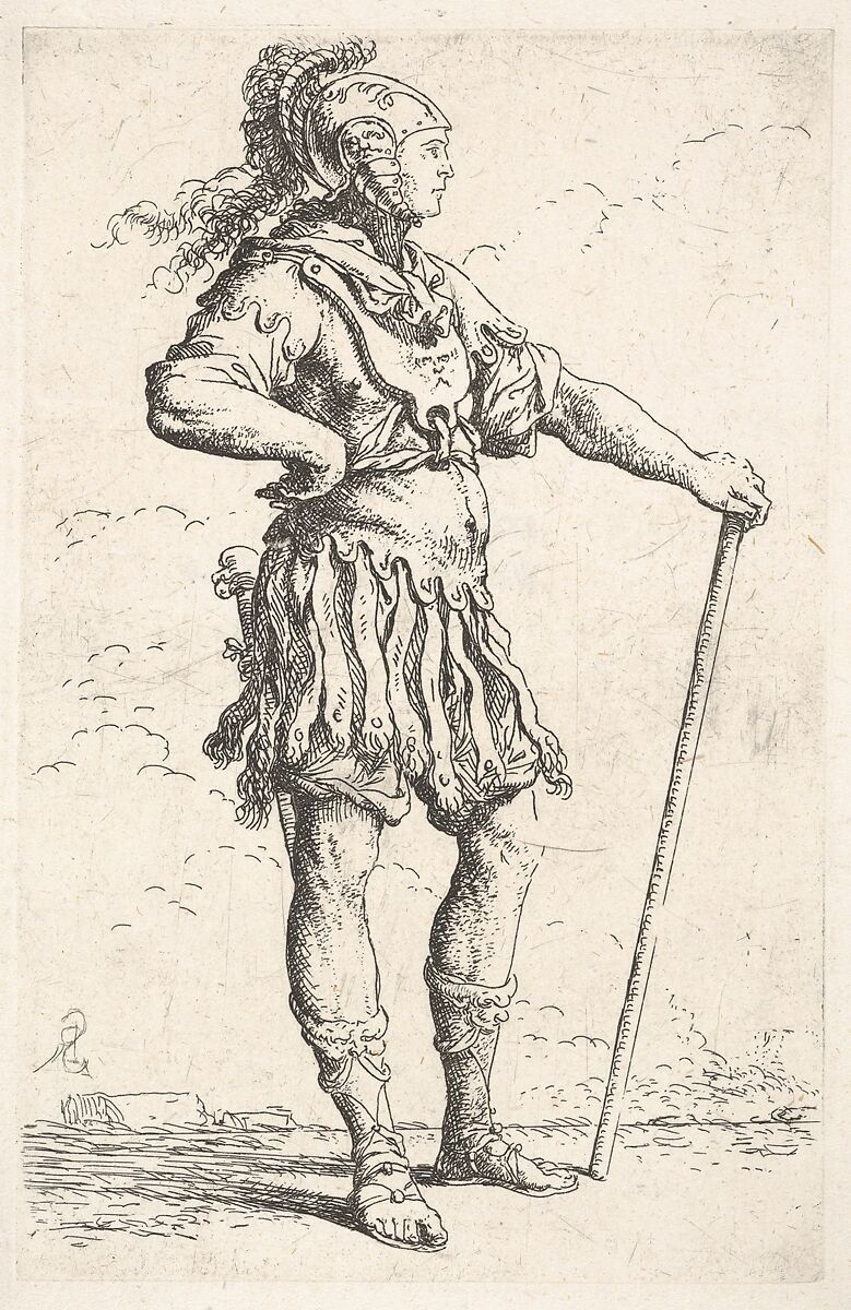A warrior facing right wearing a plumed helmet and holding a staff, from the series 'Figurine', Salvator Rosa (Italian, Arenella (Naples) 1615–1673 Rome), Etching with drypoint 