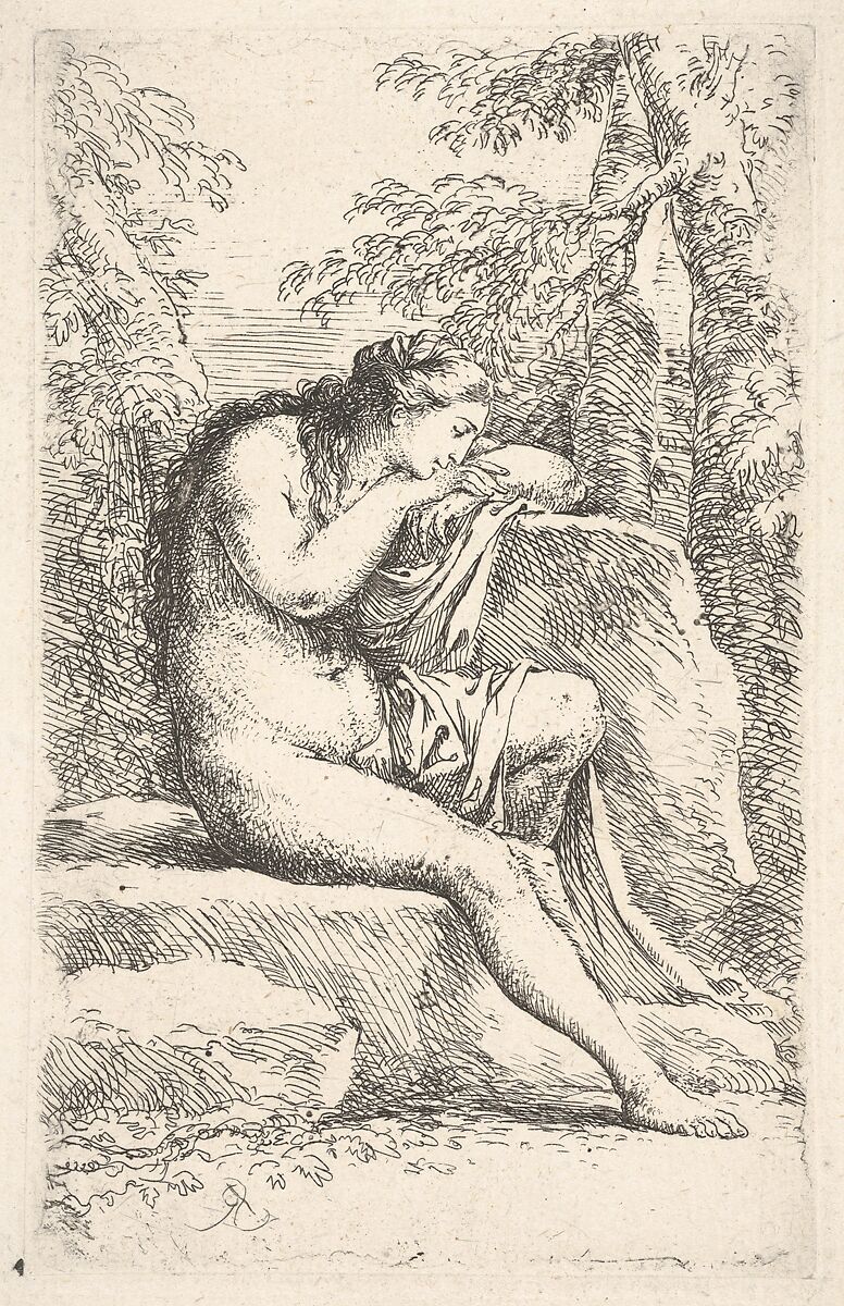 A semi-nude woman seated resting her head on a rock, from the series 'Figurine', Salvator Rosa (Italian, Arenella (Naples) 1615–1673 Rome), Etching and drypoint 