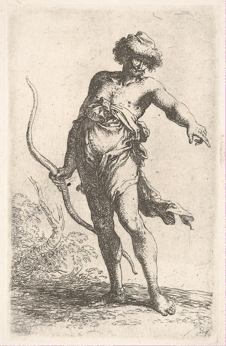A partially dressed man holding a bow in his left hand and pointing with his right, from the series 'Figurine', Salvator Rosa (Italian, Arenella (Naples) 1615–1673 Rome), Etching with drypoint 