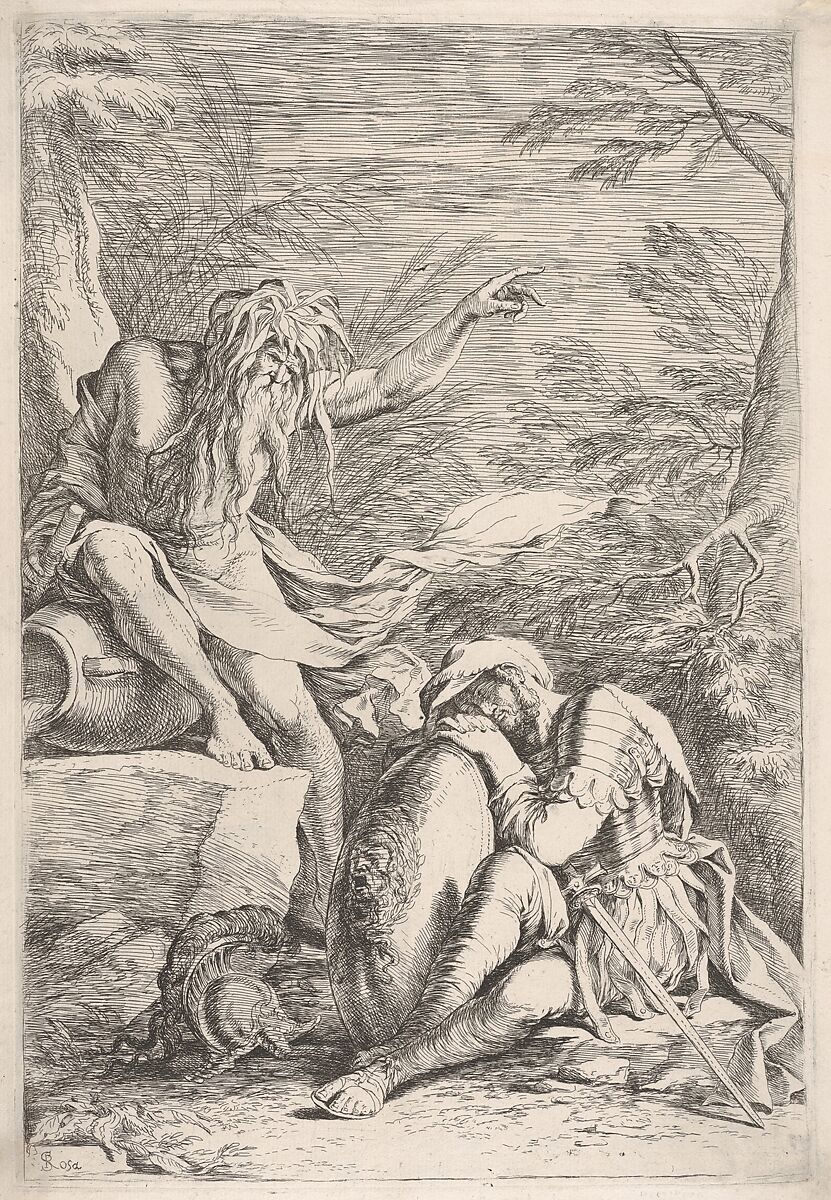 Dream of Aeneas, Aeneas rests on his shield, while the river god Tiber points upward, Salvator Rosa (Italian, Arenella (Naples) 1615–1673 Rome), Etching with drypoint 