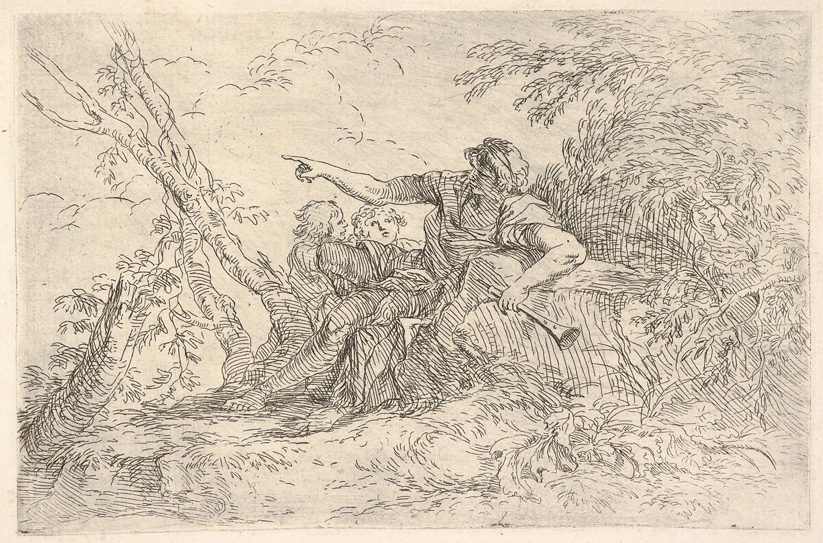 Male figure holding a flute reclining on a rock and pointing over the heads of two children, from "The Triton Group", Salvator Rosa (Italian, Arenella (Naples) 1615–1673 Rome), Etching and drypoint 
