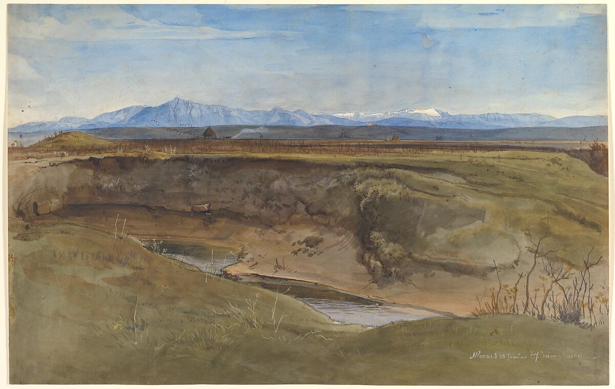 Landscape near Rome, Albert Venus (German, Dresden 1842–1871 Regenbogen), Brush and brown ink, watercolor, white gouache, over black chalk 