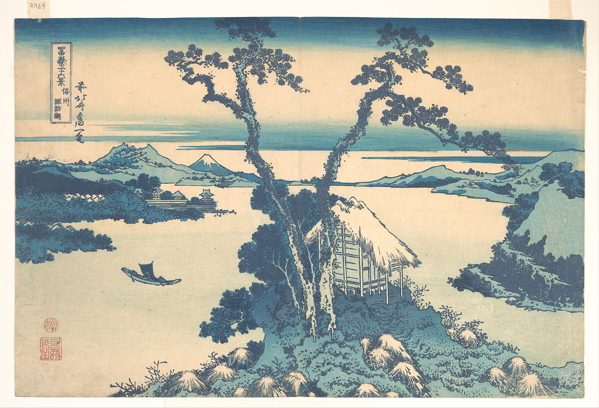 Lake Suwa in Shinano Province (Shinshū Suwako), from the series Thirty-six Views of Mount Fuji (Fugaku sanjūrokkei), Katsushika Hokusai (Japanese, Tokyo (Edo) 1760–1849 Tokyo (Edo)), Woodblock print; ink and color on paper, Japan 