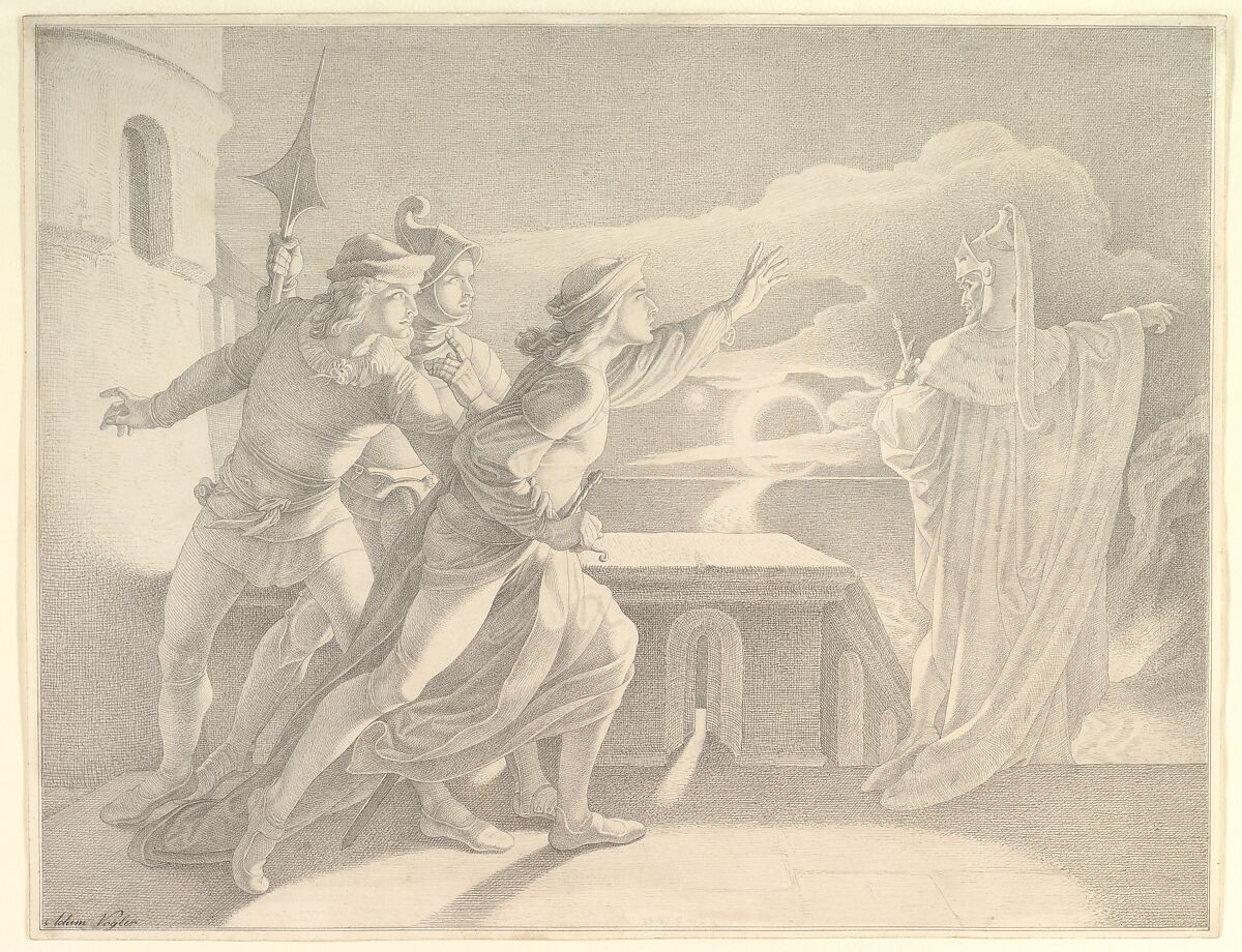 Hamlet and the Ghost of his Father, Adam Vogler (Austrian, Vienna 1822–1856 Rome), Pen and gray ink, over graphite; double framing lines in pen and gray ink 