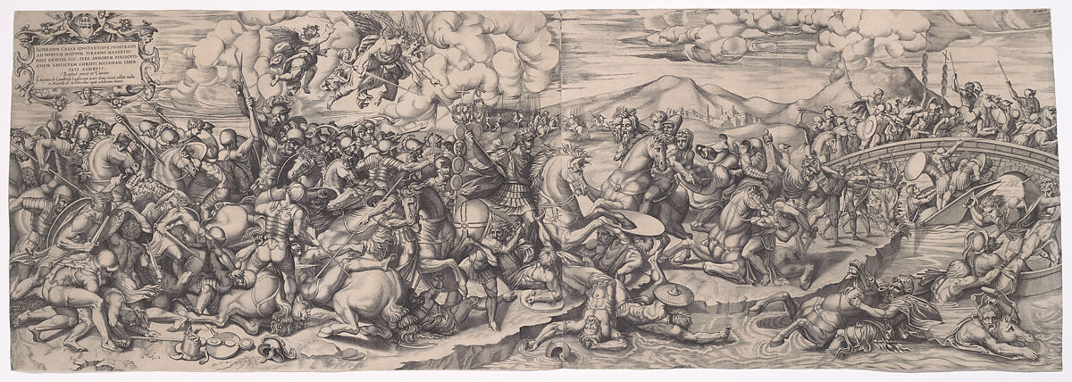 The Battle of Constantine at the Milvian Bridge, after Raphael, Giovanni Battista Cavalieri (Italian, near Trent ca. 1525–1601 Rome), Engraving on two joined sheets 