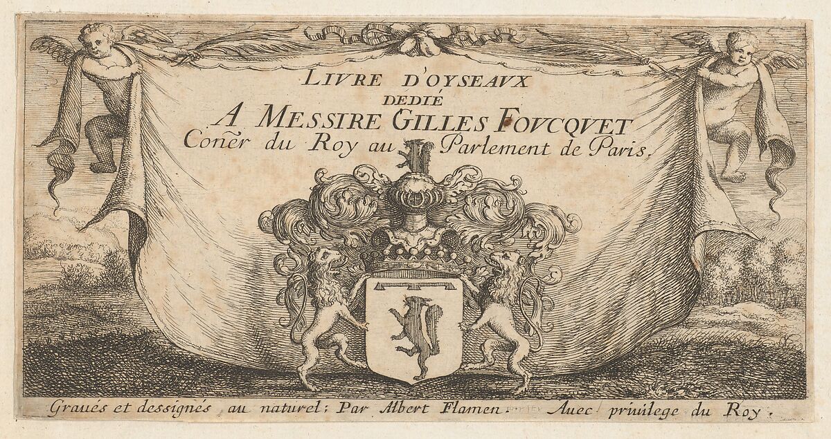 Title Page from "Livre d'Oyseaux" (Book of Birds), Albert Flamen (Flemish, born ca. 1620, active 1648–88), Etching 