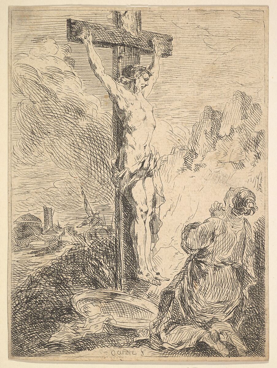 Mary Magdalene Praying at the Foot of the Cross, Michel François Dandré-Bardon (French, Aix-en-Provence 1700–1783 Paris), Etching 