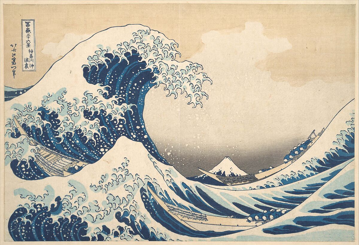 Under the Wave off Kanagawa (Kanagawa oki nami ura), or The Great Wave, from the series Thirty-six Views of Mount Fuji (Fugaku sanjūrokkei), Katsushika Hokusai (Japanese, Tokyo (Edo) 1760–1849 Tokyo (Edo)), Woodblock print; ink and color on paper, Japan 