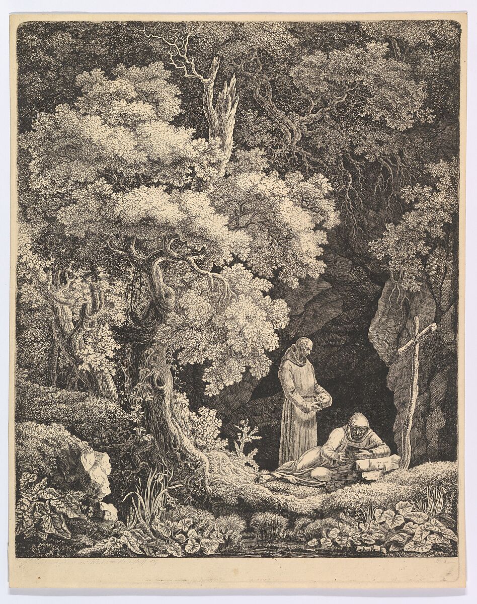 Two Monks in Contemplation in a Forest, Carl Baron von Vittinghoff (German, Pressburg 1772–1826 Vienna), Etching 