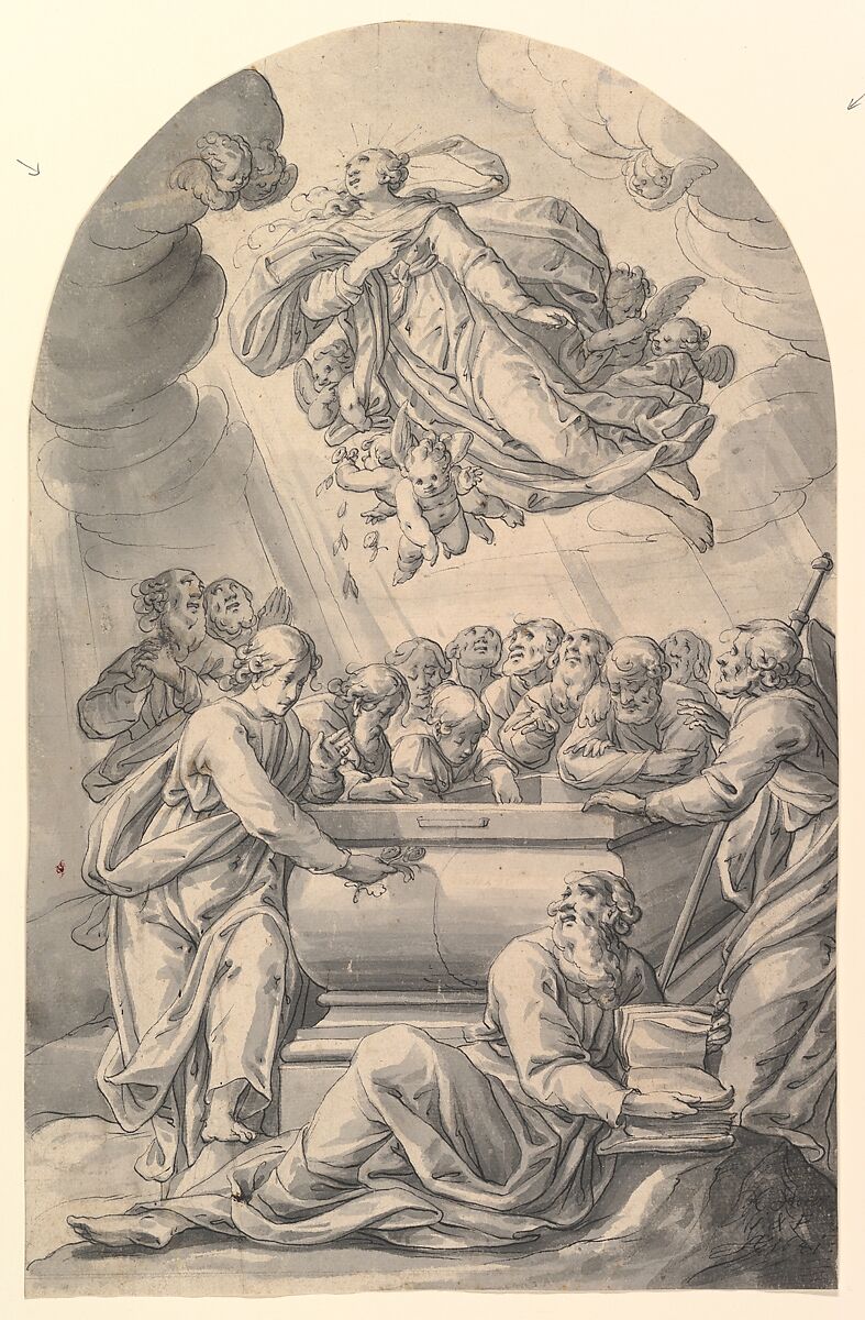 The Assumption of the Virgin, Johann Christophorus Storer (German, Konstanz ca. 1611/1620–1671 Konstanz/Milan (?)), Pen and black ink, gray wash, over black chalk or graphite; squared for transfer in graphite or black chalk 